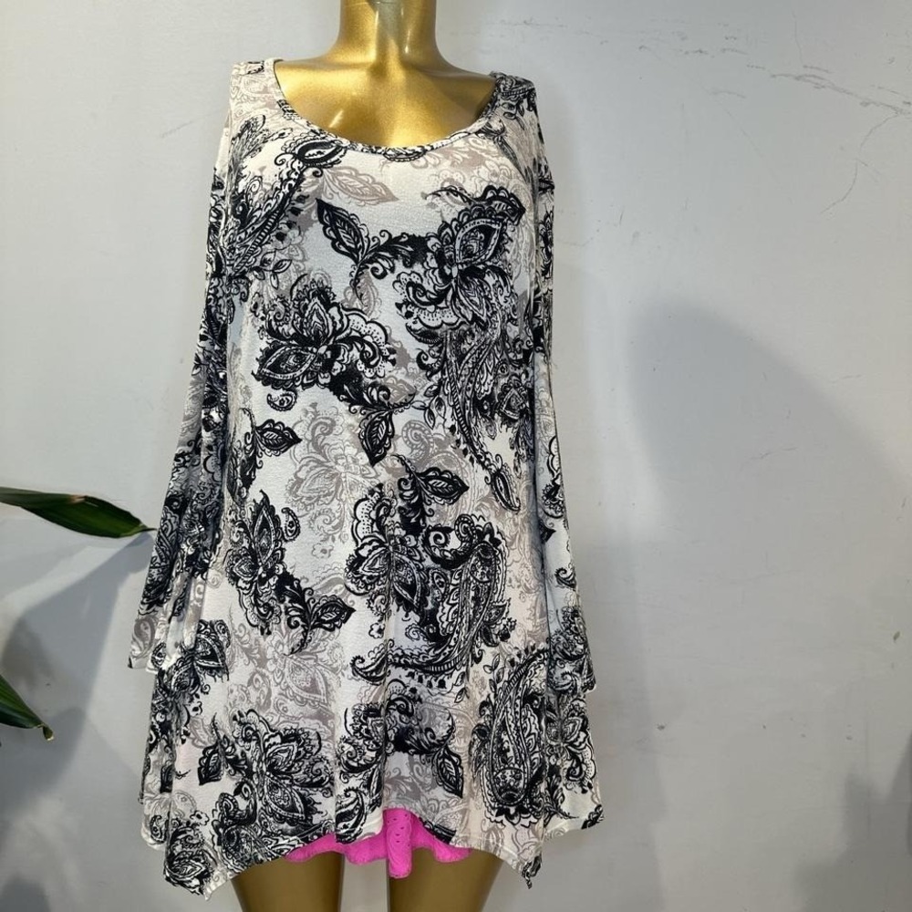 Tianello Womens Art To Wear Tunic Top  Black Ivory Neutral Slinky Swing LARGE - Picture 7 of 8